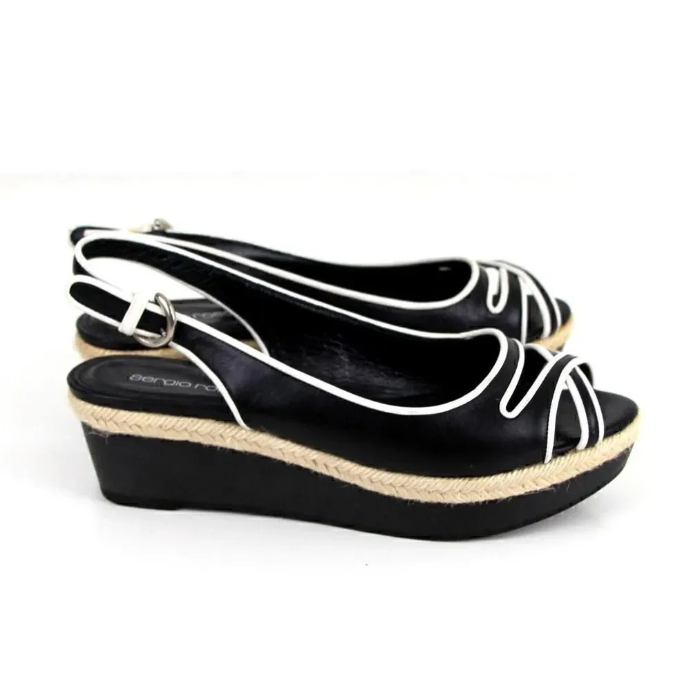Sergio Rossi BLACK WHITE GENUINE LEATHER OPEN TOE PLATFORM SLINGBACKS SHOES 37
